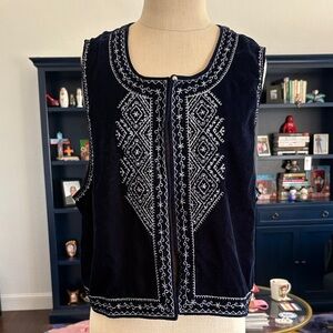 Melange Embroidered Blue Velvet Vest Sleeveless Top Size XL